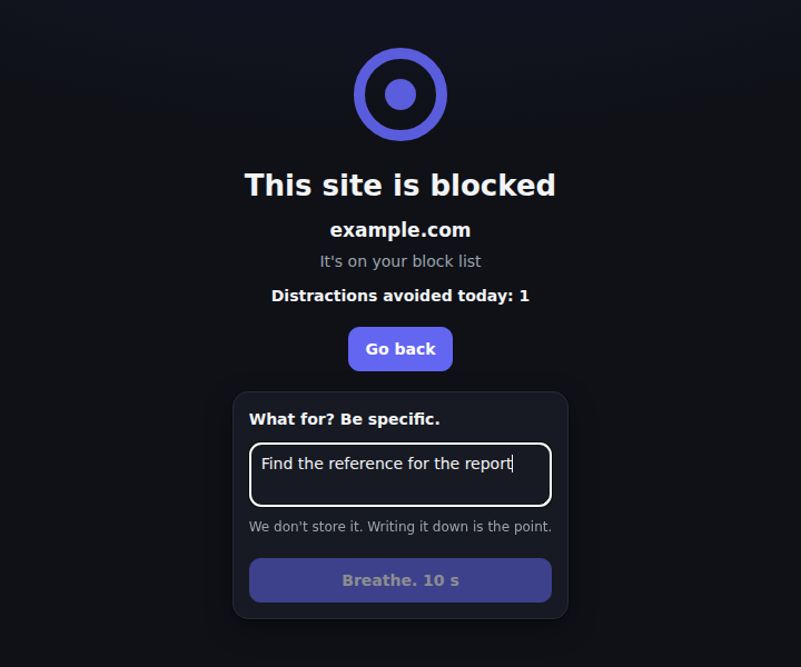 Block page asking what you need the site for