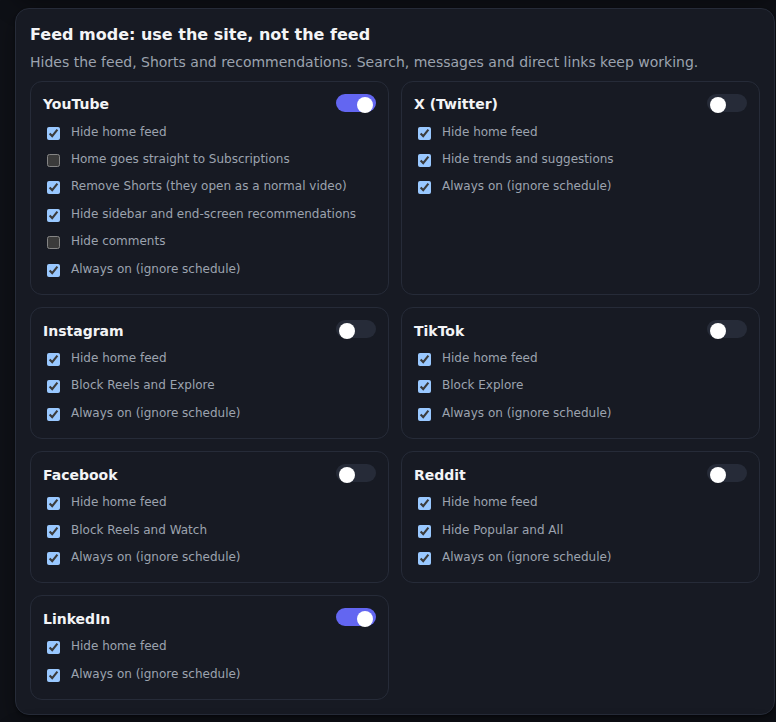 Feed mode settings for seven platforms, on for YouTube and LinkedIn