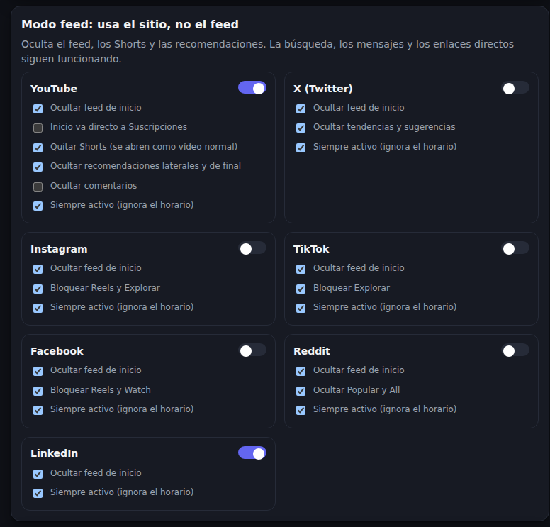 Ajustes del modo feed en siete plataformas, activo en YouTube y LinkedIn