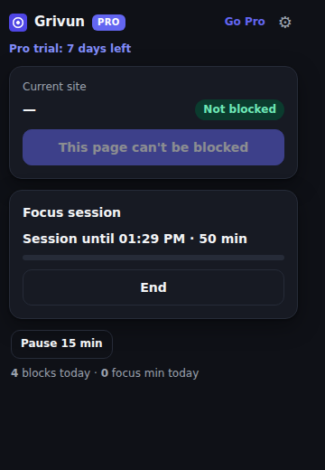 Grivun popup with a focus session