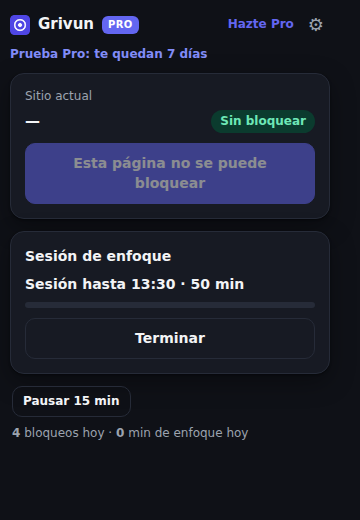 Popup de Grivun con una sesión de enfoque